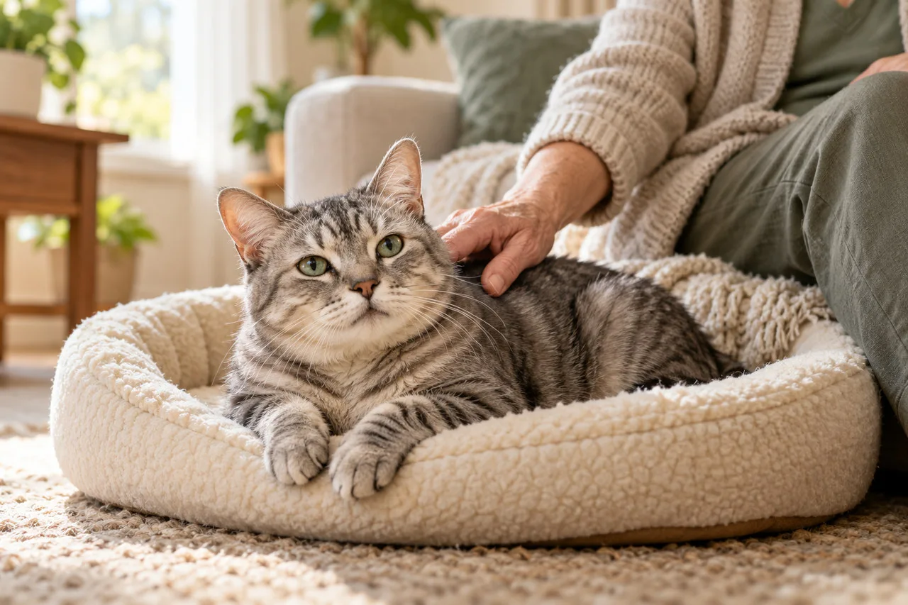 Silver tabby cat resting in a low cream bed beside its owner